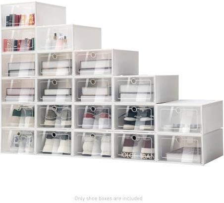 Bazargame 20 Stück Schuhbox Transparent Stapelbar Schuhboxen Klappbar Schuhaufbewahrung Kunststoffbox Schuhschrank Schuhbox Set mit Tür Weiß