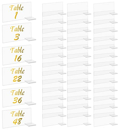 CDIYTOOL 48 Stück transparente, rechteckige Acryl-Tischkarten mit 48 Haltern, leere Acrylplatte, DIY, Gästennamen, Karten, Tischnummern für Hochzeit, Party, Tischdekoration