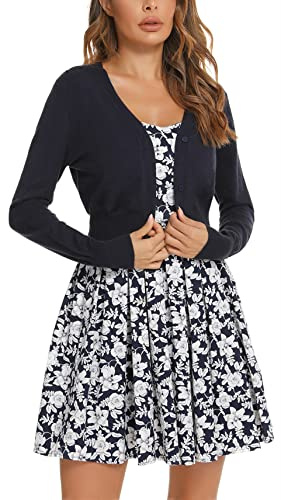 Yukiuiny Bolero för kvinnor, elegant, festlig, långärmad, kort cardigan med knappar, mjuk jacka för klänning, topp för höst, vår, marinblå, L