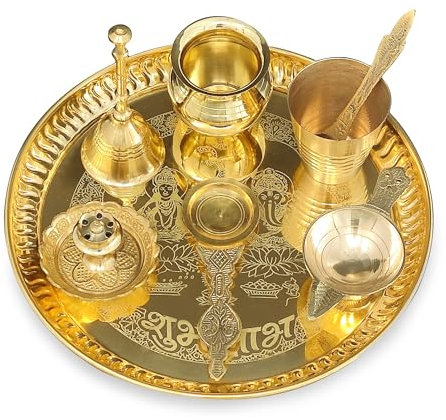 BENGALEN Puja thali Brass Pooja Thali Set 8 Inch with Pital Plate Glass Kalash Spoon Ghanti Bowl Agarbatti Stand Kuber Diya Daily Pooja Items for Diwali Home Mandir Office Wedding Return Gift Item