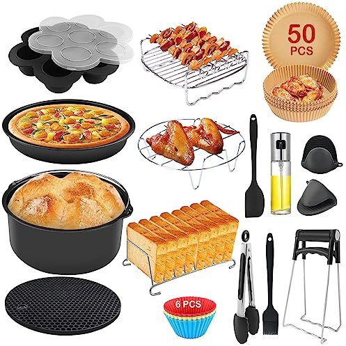 Aolawco 15 PCS Air Fryer Accessories - 8 Inch 4.2L - 6.2L General Suitable for Cosori Ninja Salter Tefal 4.3L, 4.5L, 4.7L, 5L, 5.2L, 5.5L, Tower 5L, Philips 6.2L Non-Stick, BPA-Free, Dishwash Safe