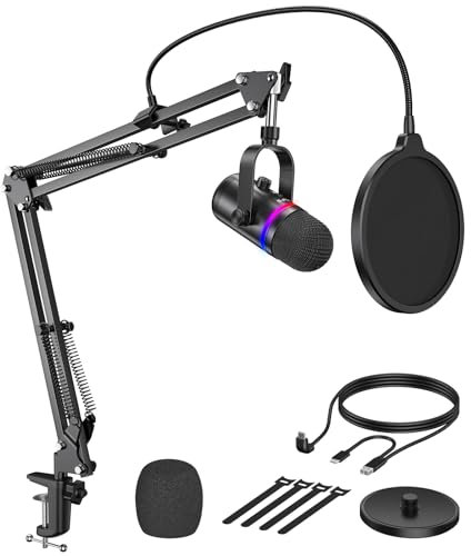 TECURS USB Microphone RGB with Arm,Condenser Microphones for PC, Gaming Mic Kit with Adjustment Boom Stand,Pop Filter,Quick Mute,Gain Control for Streaming Discord Podcasts,Recording,PS4/5