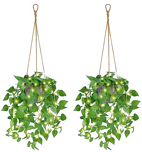 TNNTOPELE 2 Pack Hanging Plant Fake Hanging Plants with LED Lights, Artificial Hanging Plant with Pots, Artificial Plants for Home Decor Wall Indoor Outdoor Office Decor