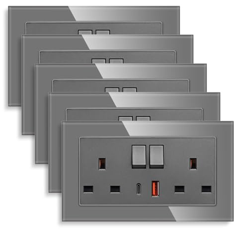 5 Pack CNBINGO USB Fast Charging with Glass Double Switched Socket, 20W Type-C (PD) and USB-A (QC) with Electric Power Socket, Grey Tempered Glass Panel Wall Outlet