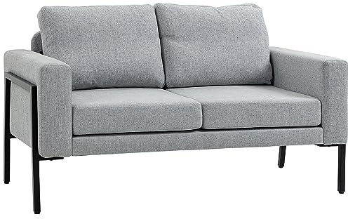 HOMCOM Divano 2 Posti in Tessuto Poliestere Effetto Lino con Gambe in Acciaio e Cuscini Imbottiti, 138x70x83.5 cm, Grigio Chiaro