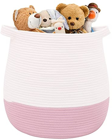 Volhouim Gewebter Aufbewahrungskorb (45 x 42,9 cm), großer Baumwollseilkorb für Wäsche und Decken, dekorativer Kinderzimmer-Organizer, Rosa