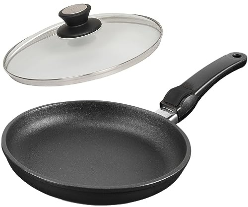 SKK große 2-tlg. Aluguss Pfanne Ø 32 cm - ohne Induktion - Antihaft Flachrandpfanne abnehmbarer Stiel & Deckel mit Edelstahlrand - Made in Germany