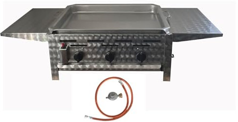 BSR-Grillen 3-flammiger Profi Gasgrill aus Edelstahl, stufenlos regelbar, Gasbräter, Gastrogrill, Gastrobräter mit Gasschlauch und Druckminderer (11 kW | Grillpfanne Stahl | Seitenablagen)