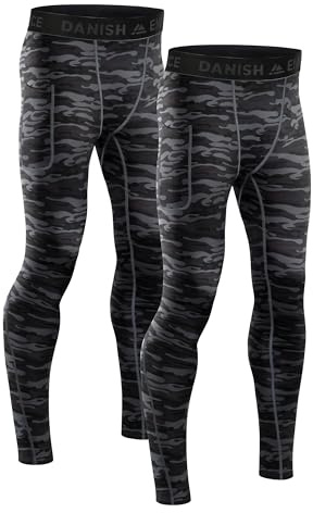 DANISH ENDURANCE Pantaloni a Compressione da Uomo, Leggings Sportivi Traspiranti e ad Asciugatura Rapida, Confezione da 2 Paia, Grigio Mimetico, L