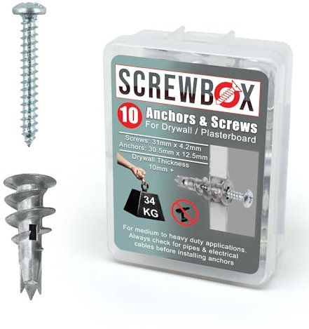SCREWBOX® Plasterboard Fixings – 10pcs Heavy Duty Drywall Anchors & Screws, Metal Self Drilling Wall Plugs for Strong Grip