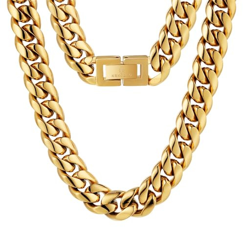 KRKC&CO Cuban Link Chain, 18K Gold Plated, Men's Gold Chain Men's Necklace Chains, 8mm 10mm 12mm Hip Pop Miami Cuban Chain Thick Curb Chains