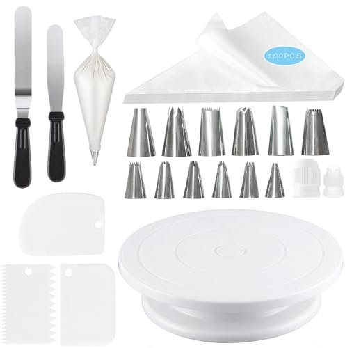 LeFeirr Bandeja giratoria para tartas, 120 piezas, juego de accesorios para tartas con soporte giratorio de 360°, 100 mangas pasteleras desechables con 12 boquillas, 3 espátulas para tartas, 2