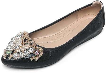 YOUNIFIZ Women's Ballet Flats Rhinestones Wedding Ballerina Shoes Foldable Sparkly Comfort Slip on Flat Shoes(Black,Size 10)
