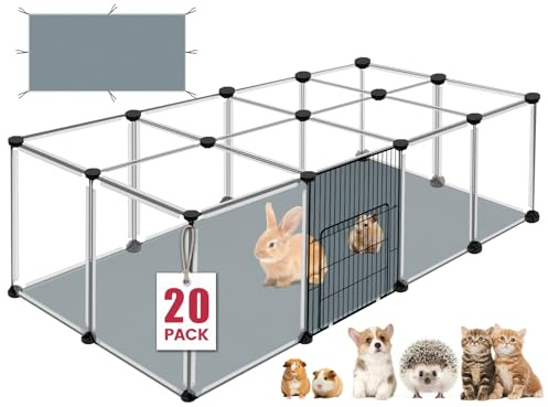 20 Panels Small Animals Playpen, 48 x 24 x 16 Transparent Pet Playpen with Waterproof Mat,Portable Plastic Enclosure Cage for Chicken/Guinea Pigs/Bunny/Ferrets/Hamsters/Hedgehogs Indoors Outdoor