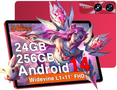 Tablet 11 Pulgadas Android con 24GB RAM 256GB ROM (2TB TF), Octa-Core 2.0 GHz, Widevine L1, 5G WiFi, Bluetooth 5.0, 8000mAh, 5MP+13MP, 1280*800 FHD IPS, Facial ID, Tipo C, AGPS, Tablet con Funda - Red