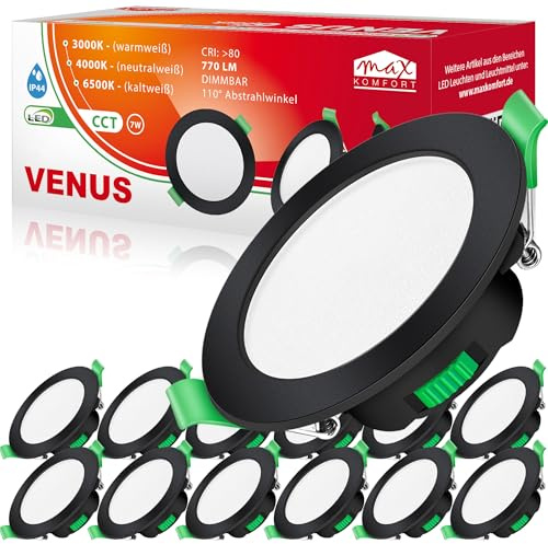 Maxkomfort LED Einbaustrahler flach 7W Dimmbar Bad schwarz VENUS | IP44, 110°, 770 Lumen, 68mm| Warmweiß Neutralweiß Kaltweiß | Einbauspot, Deckenstrahler Deckenspot 12er SET