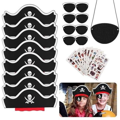 PVFZXS 28 Stück Piraten Deko Kindergeburtstag Set 9 Stück Piratenhut Kinder 9 Stück Piraten Augenklappe Kinder 10 Stück Piraten Tattoos Schädel Piraten Hut Accessoires für Geburtstag Halloween