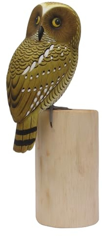 Brave Wings Hand Carved Wooden Owl ~ Spotted Owl on Log 28cm High ~ Ornament Sculpture Figurine Statue Unique Table Decoration Home Decor ~ 5318