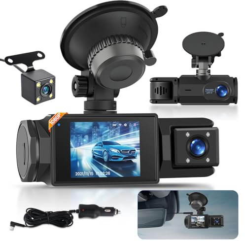 1080P WiFi Dash Cam, 3 Canali Dash Cam Anteriore e Posteriore all'interno, Full HD 2,0 Pollici Schermo IPS Dash Camera per auto con Registrazione in Loop, Visione Notturna, Rilevamento del Movimento