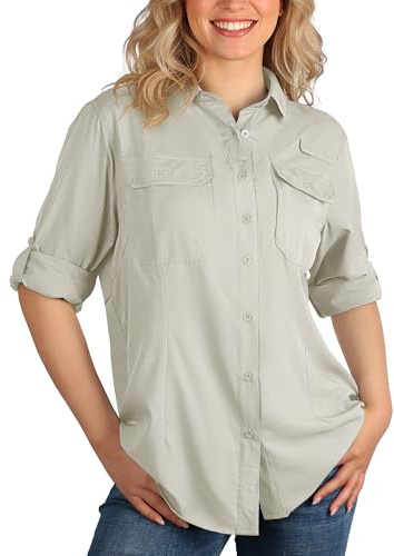 33,000ft Camicia da donna con colletto UPF50 Protezione UV Camicia a asciugatura rapida con bottoni Camicia traspirante da escursionismo Safari Abbigliamento per tempo libero Pesca Viaggi, Kaki chiaro