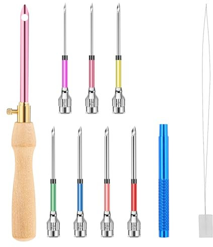 COMNICO 10 Pcs Punch Needle Kit, Punch Embroidery Kit Adjustable Punch Needle Tool with 7 Sizes Needle Heads Sewing Art Needle Tool Wooden Handle Embroidery Pen for Flossing Cross Stitch DIY Craft