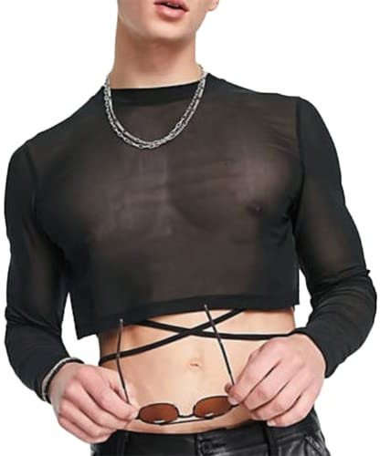 Hombres Camiseta de Rejilla Fishnet Mangas para Clubwear Club(Size:2XL,Color:Negro)