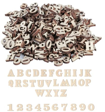 WangChaoJiu 400 Stück 15mm Kleine Holzbuchstaben zum Basteln und Holzzahlen | 200 STK Holz Buchstaben(A-Z) & 200 Holz Zahlen(0-9), für DIY Handwerk Home Hochzeit Party Dekoration
