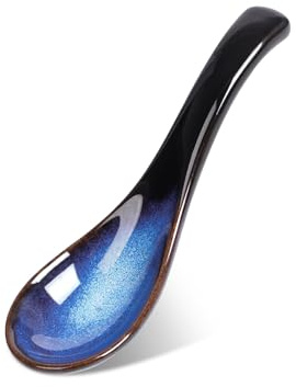 Japanische Blaue Suppenlöffel Keramik, Asiatische Suppenlöffel Ramen Löffel Retro Porzellan Löffel Dessert Obst Löffel Reislöffel für Getreide Eintöpfe Ramen Pho Wonton Knödel Miso,1pcs