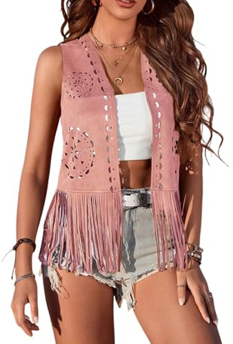 Women Hippie Waistcoat Vest Solid Color Open Front Sleeveless Lightweight Tassel Cardigan Jacket Tops Streetwear Outerwear