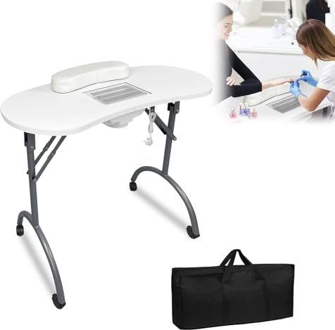 LARS360 Table de manucure pliable avec aspiration, pour salon de manucure, mobile avec roulettes, coussin, tiroir et sac de rangement (blanc)