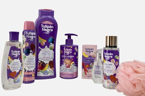 CESTA/SET Tulipán Negro Candy Fantasy Set de Baño, Gel de Ducha, Loción Corporal, Desodorante, Esponja, Fragancia Dulce, Aceite Corporal y Bruma Corporal Spray 7 Piezas