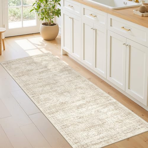 Restydon Tappeto passatoia da 2 x 13 cm, lavabile, morbido, con retro antiscivolo, motivo astratto a pelo basso, per corridoio, stile vintage, piccolo, cucina, scale, lavanderia (5 x 1,5 m, beige