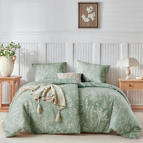 Tokokimo Parure de lit 135 x 200 cm 4 pièces - 2 x Housse de couette 135 x 200 cm avec motif floral en microfibre avec fermeture éclair - et 2 taies d'oreiller 80 x 80 cm avec fermeture éclair, Vert