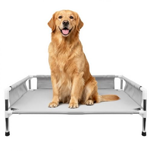 Makerfire Erhöhtes Hundebett, erhöhtes Hundesofa für mittelgroße Hunde, abnehmbares, kühlendes Haustierbett für drinnen und draußen, mit rutschfesten Füßen, Polyester-Baumwolle (L x B x H): 84 x 66 x