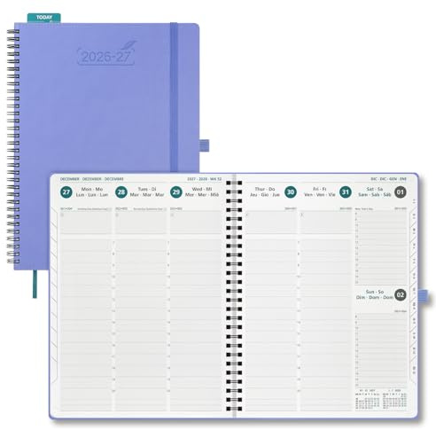 BEZEND Kalender 2026 2027 Buchkalender 1 Woche 2 Seiten A4 (28,5 x 22 cm) | 18-Monate Wochenplaner (Juli 26-Dez 27), Ringbuch mit PU-Leder Softcover, 80 GSM Papier, Kornblume
