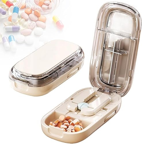 Tablettenteiler für Mehrere Pillen Auf Einmal, 2026 Teiler mit Aufbewahrung,Tablettenschneider, Präziser 2-in-1 Pillen-Schneider für Große, Kleine & Mini-Tabletten (White-1/4+1/2)
