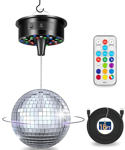 YCCOKJJ Discokugel mit Motor und Licht Aktualisierte Disco Drehmotor mit 6 zoll Spiegelkugel, Haken, Fernbedienung und Kabel, 12 Farbmodi und 30 LED-Perlen, 6 Geschwindigkeiten für Disco Lichteffekte