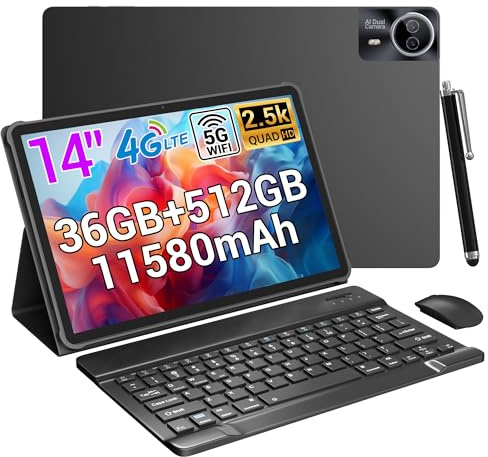 14 Zoll Tablet, 2.5K Display, 36GB RAM + 512GB ROM (1TB erweiterbar), 4G LTE Dual SIM + 5G WiFi, Gemini AI/Quad-Speaker/GPS/GMS/11580mAh/13MP, Android 15 Tablets mit Tastatur/Maus/Hülle/Kopfhörer/Pen