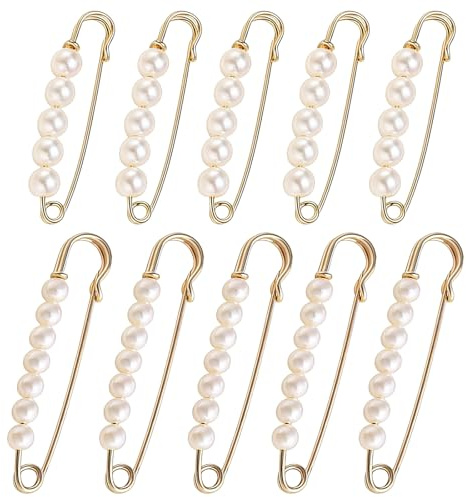 Gold Safety Pins with Pearls – 10Pcs Heavy Duty Decorative Pins – Classic and Elegant Gold Pearl Pin for Clothes, Sweaters, Shawls & Skirts (2 Sizes)