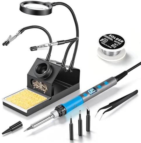 Kit per saldatore, 100 W ad alta potenza LCD digitale per saldatore, strumento di saldatura a riscaldamento rapido con lente d'ingrandimento e mani d'aiuto, punte di ferro, filo di saldatura, pinzetta