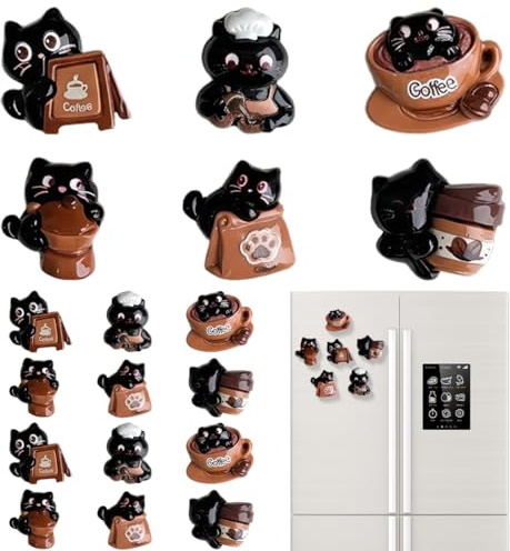 NOPVUFA 18 Stück 3D-Kühlschrankmagnete Kaffee-Schwarze Katzen-Design Stark Magnetisch Decorative Niedliche für Kühlschrank Weiße Tafel Schublade Schrank Büro für Notizen Fotos Deko Küche Haus
