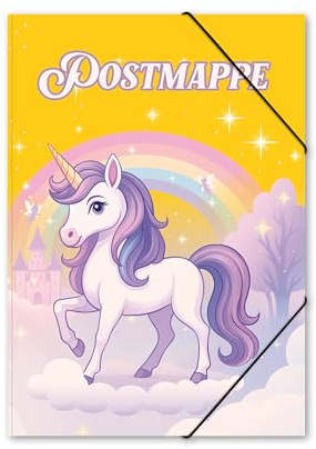 itenga Postmappe aus stabilem Kunststoff PP - Gummizugmappe mit Motiv DIN A4 mit Gummizugverschluss - Sammelmappe Eckspanner (EINHORN ZAUBERWOLK)