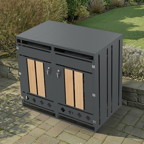 Ktipm Cobertizo Cubo Basura Exterior para 2 Contenedores, Casita para Contenedor de Basura con Cerradura y Abertura Ventilación, Puntal Hidráulico, 132x80x118.5 cm, Color Madera+Gris