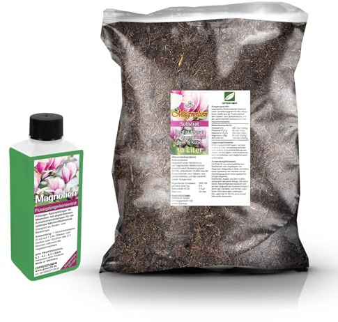 GREEN24 Magnolien Umpflanz-Set – 10 L Spezial-Substrat (pH-sauer) + 250 ml Magnolien-Dünger – gegen Chlorose, für kräftiges Wachstum & prachtvolle Blüten