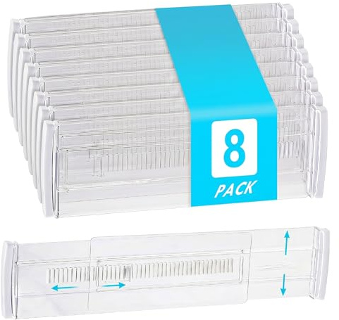 Set di 8 Divisori per Cassetti Regolabili | Separatori Trasparenti (Lunghezza: da 28,7 a 50,5 cm) | Divisori Organizer per Cucina, Guardaroba, Scrivania e Cassettiera