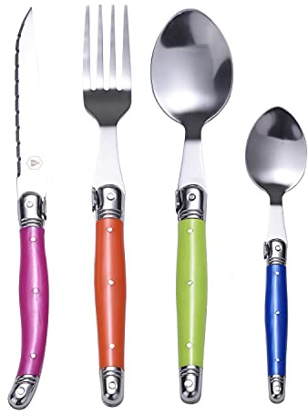 LAGUIOLE - 24-teilige Hausfrau - Edelstahl - Kunststoffgriffe - Verschiedene Farben - Messer, Gabeln, Suppenlöffel, Kaffeelöffel - Ideales Set für den täglichen Gebrauch - Edelstahl, Kunststoff