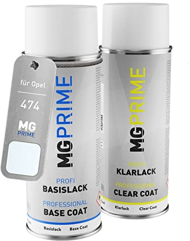 MG PRIME Autolack Spraydose für Opel 474 / 10L 10U GKQ Casablanca Weiss +1K | Arcicweiss, Set aus Basislack + Klarlack, Sprühdosen 400ml