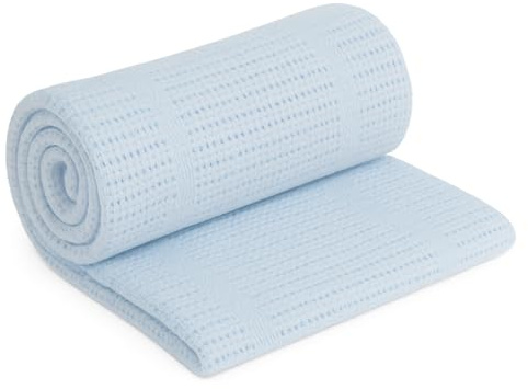 Adore Home 100% Cotton Cellular Soft Baby Blanket for Cot Pram Moses Basket, Blue, 60x90cm