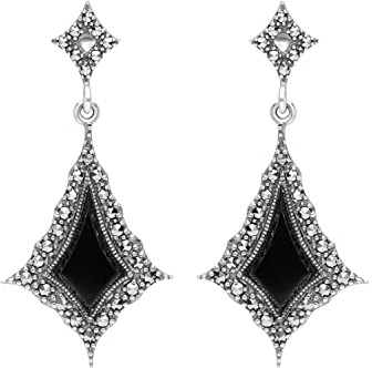 Esse Marcasite Sterling Silver Gothic Style Black Onyx and Marcasite Art Nouveau Dangle Earrings