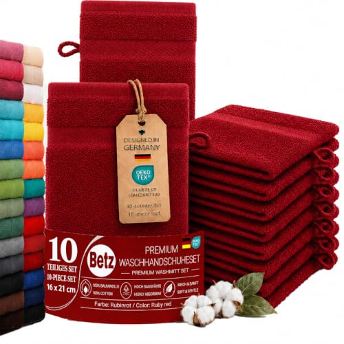 Betz Waschhandschuhe Premium 10 Stück 16x21 cm – 100% Baumwolle 470g/m² – Weiche Frottee Waschlappen – Pflegeleicht & saugstark - Farbe rubinrot